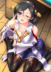 Rule 34 | 10s, 1girl, adjusting eyewear, akatsuki shimeji, bare shoulders, black hair, black pantyhose, blue eyes, blush, boots, breasts, cleavage, detached sleeves, glasses, hairband, highres, japanese clothes, kantai collection, kirishima (kancolle), large breasts, looking at viewer, nontraditional miko, one eye closed, open mouth, pantyhose, short hair, sitting, skirt, smile, solo, thigh boots, thighhighs, wariza, wink