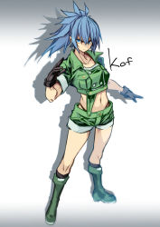 Rule 34 | 10mo, 1girl, blue eyes, blue hair, boots, brown gloves, closed mouth, combat boots, copyright name, crop top, cropped jacket, earrings, fighting stance, full body, gloves, green jacket, green shorts, grey background, hair tie, high ponytail, highres, jacket, jewelry, leona heidern, looking at viewer, midriff, navel, ponytail, shorts, simple background, solo, the king of fighters, toned