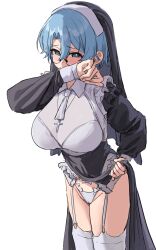 Rule 34 | 1girl, absurdres, aochoku, black dress, blue eyes, blue hair, breasts, clothes lift, cross, cross necklace, dress, dress lift, garter straps, glasses, habit, hair between eyes, highres, jewelry, large breasts, long sleeves, looking at viewer, necklace, nun, original, panties, round eyewear, short hair, solo, thighhighs, thighs, underwear, white panties, white thighhighs