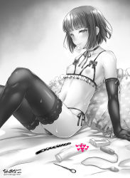 Rule 34 | 1boy, arm support, artist name, bed sheet, blunt bangs, blush, bra, bulge, censored, chinanago, chinanago7010, choker, collarbone, commentary, condom, condom in mouth, cupless bra, dildo, elbow gloves, eyelashes, feet out of frame, frilled bra, frills, gloves, greyscale, heart, heart censor, highres, knees up, lace, lace-trimmed legwear, lace trim, leaning back, legs, lingerie, looking at viewer, male focus, medium hair, monochrome, mouth hold, navel, original, pillow, pointless censoring, puffy chest, puffy nipples, ribbon, sex toy, sidelocks, solo, stomach, sweat, sweatdrop, thighhighs, trap, twitter username, underwear, vibrator