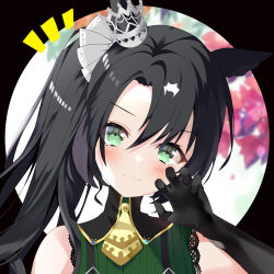 Rule 34 | 1girl, absurdres, animal ears, black gloves, black hair, blush, claw pose, ear ornament, elbow gloves, gloves, green eyes, highres, horse ears, horse girl, long hair, looking at viewer, multicolored hair, necktie, qing yunyi, ribbed sweater, satono crown (umamusume), side ponytail, sleeveless, sleeveless sweater, smile, solo, streaked hair, sweater, umamusume, upper body, white hair, yellow necktie