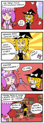 Rule 34 | 2girls, 4koma, :&lt;, bag, blonde hair, book, bow, card, comic, crescent, female focus, finnish text, hat, hat bow, holding, holding card, kirisame marisa, library, multiple girls, patchouli knowledge, purple eyes, purple hair, setz, sweat, touhou, translated, voile, witch hat, yellow eyes, | |