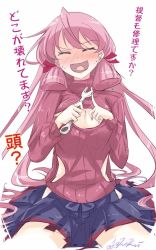 Rule 34 | 10s, 1girl, akashi (kancolle), blush, breasts, cleavage, cleavage cutout, clothing cutout, closed eyes, female focus, hair ribbon, hip vent, kantai collection, large breasts, long hair, lzd, meme attire, open-chest sweater, open mouth, pink hair, ribbed sweater, ribbon, side slit, skirt, solo, sweater, translation request, tress ribbon, turtleneck, wrench