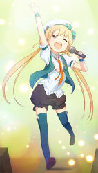 Rule 34 | 10s, 1girl, ;d, blonde hair, blue thighhighs, blush, brown eyes, futaba anzu, hat, idolmaster, idolmaster cinderella girls, light particles, long hair, mary janes, microphone, nagian, one eye closed, open mouth, puffy sleeves, shoes, smile, solo, thighhighs, twintails, very long hair, vest, wink, wrist cuffs, zettai ryouiki