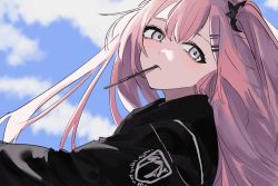 Rule 34 | 1girl, ambriel (arknights), arknights, black jacket, blue background, blue sky, blush, cloud, cloudy sky, commentary, food, grey eyes, head tilt, highres, hjm matsukasa, jacket, long hair, long sleeves, looking at viewer, mouth hold, one-hour drawing challenge, one side up, pink hair, pocky, simple background, sky, solo, twitter username, two-tone background, upper body, white background