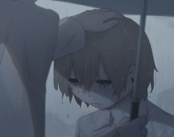 Rule 34 | 2boys, absurdres, avogado6, brown hair, collared shirt, crying, crying with eyes open, headpat, highres, holding, holding umbrella, long sleeves, multiple boys, original, rain, shirt, solo focus, tears, umbrella, white shirt, wing collar