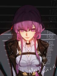 Rule 34 | 1girl, absurdres, black jacket, chest harness, chinese commentary, collared shirt, commentary, dated, from above, hair between eyes, hair intakes, harness, height chart, highres, honkai: star rail, honkai (series), jacket, kafka (honkai: star rail), lapel pin, lapels, light particles, light smile, lips, mriyak, notched lapels, open clothes, open jacket, purple eyes, purple hair, shirt, short hair with long locks, signature, solo, spotlight, upper body, white shirt