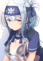 Rule 34 | 1girl, absurdres, ainu, ainu clothes, bikini, bikini under clothes, black bikini, blue eyes, blue hair, blush, breasts, commentary request, cropped jacket, dress, dyson (edaokunnsaikouya), embarrassed, facial scar, folded ponytail, hair between eyes, headband, highres, kamoi (kancolle), kantai collection, large breasts, leaning forward, looking at viewer, midriff, multicolored hair, scar, scar on cheek, scar on face, see-through, short sleeves, sideboob, sidelocks, simple background, solo, swimsuit, thick eyebrows, white background, white dress, white hair