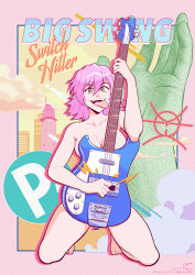 Rule 34 | 1girl, barefoot, breasts, building, cloud, feet, flcl, guitar, haruhara haruko, highres, instrument, letitmelo, multicolored background, music, newgrounds sample, nude, pink hair, playing instrument, short hair, solo, tongue, tongue out, tower, yellow eyes
