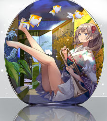 Rule 34 | 1girl, air bubble, animal, bare legs, barefoot, blue eyes, brown hair, bubble, fish, floral print, flower, full body, grey background, grey kimono, hair flower, hair ornament, highres, holding, holding instrument, instrument, japanese clothes, kimono, legs up, long hair, long sleeves, looking at viewer, mosta (lo1777789), obi, original, parted lips, print kimono, red flower, sash, short kimono, soles, solo, trumpet, wide sleeves