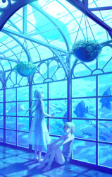 Rule 34 | 2girls, angelfish, aquarium, backlighting, barefoot, blue theme, camisole, dress, fish, highres, hiko (scape), light, long hair, manta ray, multiple girls, original, plant, potted plant, scenery, see-through, short hair, sitting, sleeveless, sleeveless dress, tank top, tropical fish, tunnel, twintails, water, white dress, window