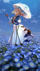 Rule 34 | 1girl, absurdres, ascot, blonde hair, blue eyes, blue flower, blue jacket, blurry, blurry foreground, boots, braid, braided bun, brooch, brown gloves, day, dress, falling petals, feet out of frame, field, flower, flower field, glint, gloves, hair bun, hair ribbon, hand up, highres, holding, holding umbrella, jacket, jewelry, juliet sleeves, kachin, long sleeves, looking at object, looking up, nemophila (flower), parasol, parted lips, petals, puffy sleeves, red ribbon, ribbon, solo, sparkle, standing, umbrella, violet evergarden, violet evergarden (series), white dress