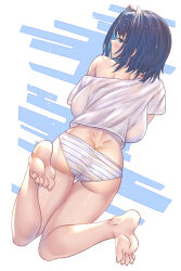 Rule 34 | 1girl, absurdres, ass, backboob, blue eyes, blue hair, breasts, butt crack, clothing cutout, feet up, highres, hololive, hololive english, honkivampy, large breasts, lying, multicolored hair, on stomach, ouro kronii, panties, shirt, shoulder cutout, simple background, solo, striped clothes, striped panties, two-tone hair, underwear, virtual youtuber, white shirt
