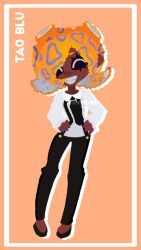 1girl black_footwear black_necktie black_pants black_suspenders character_name closed_eyes collared_shirt dark-skinned_female dark_skin drop_shadow faded_v2 full_body highres long_sleeves necktie nintendo orange_background orange_hair pants parted_lips patterned_hair shirt smile solo splatoon_(series) splatoon_3 standing suction_cups tao_blu tentacle_hair white_shirt