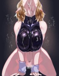 Rule 34 | 1girl, arm warmers, bare arms, bare legs, bare shoulders, blonde hair, bottomless, breasts, commentary request, cum, cum on body, cum on breasts, cum on neck, cum on upper body, facing up, heart, highres, implied fellatio, kneeling, large breasts, mizuhashi parsee, navel, pointy ears, shiny clothes, short hair, solo, sound effects, sports bra, thighs, touhou, wiaxixia