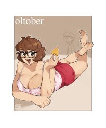 Rule 34 | 1boy, 1girl, artist name, artist self-insert, barefoot, border, breasts, brown hair, camisole, cleavage, collarbone, commentary, dated, doritos, english commentary, facial hair, glasses, highres, large breasts, open mouth, original, outside border, pink camisole, red shorts, short hair, shorts, smile, snowcie, snowciel, soles, solo focus, stubble, white border
