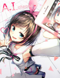 Rule 34 | 1girl, :d, alternate hair length, alternate hairstyle, armpits, black ribbon, blurry, blush, boots, breasts, cellphone, chromatic aberration, depth of field, detached sleeves, full body, hair ribbon, hairband, heart, highres, holding, holding phone, huwari (dnwls3010), index finger raised, kizuna ai, kizuna ai inc., long sleeves, medium breasts, open mouth, perspective, phone, pink hairband, pink ribbon, ribbon, sailor collar, selfie, shirt, short hair, shorts, sleeves past wrists, smartphone, smile, solo, standing, swept bangs, taking picture, thigh boots, thighhighs, triangle, typo, v-shaped eyebrows, virtual youtuber, white footwear, white sailor collar, white shirt, white shorts