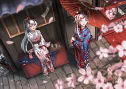 Rule 34 | 2girls, :d, absurdres, alternate costume, artist name, blue eyes, blue kimono, blurry, blurry foreground, branch, brown kimono, cherry blossoms, commentary, commission, crossed bangs, cup, drop earrings, earrings, english commentary, fate/grand order, fate (series), floral print, geta, gradient kimono, grey hair, hair ribbon, highres, holding, holding umbrella, horns, japanese clothes, jewelry, kimono, leaf print, long hair, looking up, maple leaf print, miyamoto musashi (fate), multiple girls, obi, obijime, oil-paper umbrella, on bench, oni horns, open mouth, outdoors, pink hair, ponytail, print kimono, red eyes, red kimono, red ribbon, ribbon, sash, sitting, smile, tabi, tepanyakin, tomoe gozen (fate), umbrella, white kimono, yukata