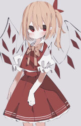 Rule 34 | 1girl, ascot, blonde hair, closed mouth, cowboy shot, crystal, crystal wings, flandre scarlet, grey background, highres, looking at viewer, medium hair, nacht musik, red eyes, red ribbon, ribbon, short sleeves, side ponytail, simple background, touhou, wings, yellow ribbon