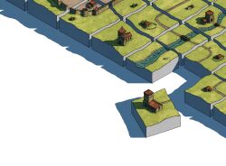 Rule 34 | absurdres, bridge, building, carcassonne, church, commentary, from above, grass, highres, isometric, no humans, odpomery, original, river, road, shadow, tabletop game, tiles, tower