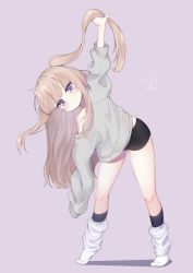 Rule 34 | 1girl, arm up, baggy clothes, bare shoulders, black shorts, black socks, blue eyes, blush, closed mouth, collarbone, commentary request, grey shirt, highres, kneehighs, kokone (coconeeeco), leaning to the side, light brown hair, long hair, long sleeves, looking at viewer, loose socks, off shoulder, original, outstretched arm, puffy long sleeves, puffy sleeves, purple background, shadow, shirt, short shorts, shorts, signature, simple background, skindentation, sleeves past fingers, sleeves past wrists, socks, solo, standing, two side up, very long hair, white socks