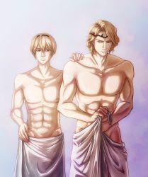 Rule 34 | 2boys, abs, blonde hair, brothers, fire emblem, fire emblem fates, gradient background, leo (fire emblem), male focus, multiple boys, nintendo, red eyes, siblings, topless male, xander (fire emblem)