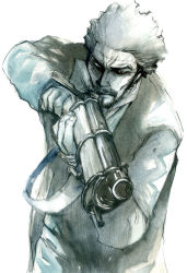Rule 34 | 1boy, aiming, aiming at viewer, beard, black hair, facial hair, golden kamuy, gun, holding, holding gun, holding weapon, ito kiko, jacket, long sleeves, male focus, monochrome, mustache, nihei tetsuzou, scar, scar on face, scar on forehead, short hair, sideburns, simple background, standing, weapon