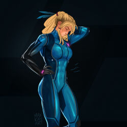 Rule 34 | 1girl, abs, blonde hair, blue bodysuit, bodysuit, breasts, cleavage, closed eyes, feather hair, gloves, hand on own hip, hand on own neck, highres, large breasts, max kay, medium breasts, metroid, muscular, muscular female, nintendo, samus aran, signature, solo