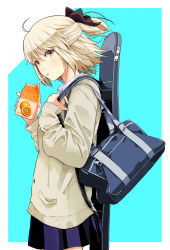 Rule 34 | 1girl, ahoge, alternate costume, bag, black ribbon, black skirt, blonde hair, blush, brown eyes, cardigan, commentary request, cowboy shot, drinking, drinking straw, fate (series), from side, grey cardigan, hair ribbon, highres, juice box, koha-ace, long sleeves, looking at viewer, looking to the side, miniskirt, okita souji (fate), okita souji (koha-ace), one side up, ribbon, school bag, school uniform, short hair, skirt, solo, tsukumo (soar99), two-tone background, zipper pull tab