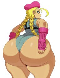 Rule 34 | 1girl, absurdres, alternate color, ass, ass grab, bare legs, bare shoulders, blonde hair, blue eyes, braid, breasts, cammy white, curvy, eric lowery, fingerless gloves, from behind, gloves, grabbing own ass, green leotard, hat, highres, huge ass, large breasts, leotard, long hair, looking at viewer, looking back, plump, shiny skin, skindentation, sleeveless, street fighter, thong leotard, twin braids, very long hair, white background, wide hips