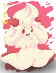 Rule 34 | 1girl, absurdres, alcremie, anus, black eyes, blush, breasts, cleft of venus, cloroxformius, colored sclera, cream, creatures (company), eyelashes, fat mons, food, fruit, game freak, gen 8 pokemon, highres, inverted nipples, looking at viewer, medium breasts, monster girl, navel, nintendo, nipples, nude, open mouth, petite, plump, pokemon, pokemon (creature), pokemon swsh, pussy, red sclera, simple background, slime girl, spread legs, strawberry, twintails, uncensored, white background