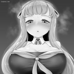 Rule 34 | 1girl, breasts, breath, cleavage, commentary request, cypress, detached collar, double bun, fletcher (kancolle), greyscale, hairband, heart, heart-shaped pupils, kantai collection, large breasts, long hair, monochrome, neckerchief, off shoulder, sailor collar, school uniform, serafuku, solo, symbol-shaped pupils, upper body