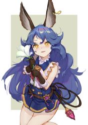 Rule 34 | 1girl, animal ears, bare shoulders, belt, blue hair, blue skirt, blush, breasts, brown background, brown belt, brown eyes, brown gloves, buttons, cowboy shot, double-breasted, erune, ferry (granblue fantasy), flower, fur-trimmed gloves, fur trim, gem, gloves, granblue fantasy, hands up, highres, holding, holding flower, jewelry, kyma curry, long hair, looking at viewer, medium breasts, parted lips, rabbit ears, shirt, sideboob, skirt, sleeveless, smile, solo, striped clothes, striped shirt, tears, two-tone background, wavy hair, whip, white background, white flower, white shirt