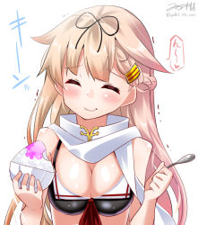 Rule 34 | 10s, 1girl, bare shoulders, bikini, blonde hair, braid, brain freeze, breasts, cleavage, closed eyes, facing viewer, food, hair flaps, hair ornament, hair ribbon, hairclip, kantai collection, large breasts, ribbon, scarf, shaved ice, signature, smile, solo, spoon, swimsuit, twitter username, upper body, yuudachi (kancolle), yuudachi kai ni (kancolle), yuuki hb