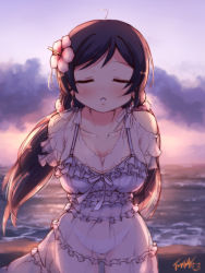 Rule 34 | 10s, 1girl, arms behind back, backlighting, blush, breasts, cleavage, closed eyes, cowboy shot, dress, earrings, flower, frills, gradient background, hair flower, hair ornament, highres, incoming kiss, jewelry, langbazi, long hair, love live!, love live! school idol festival, love live! school idol project, medium breasts, ocean, outdoors, parted lips, purple hair, see-through, signature, solo, sunset, tojo nozomi, twintails