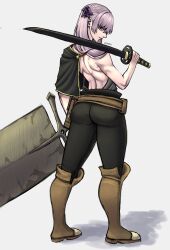 Rule 34 | 1girl, absurdres, ass, black cloak, black clover, boots, cloak, grey hair, hair between eyes, highres, holding, holding weapon, huge ass, limn044, long hair, muscular, noelle silva, purple eyes, simple background, sword, thick thighs, thighs, weapon