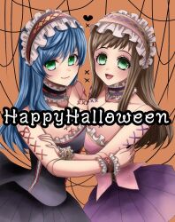 Rule 34 | 2girls, blue hair, breasts, brown hair, closed mouth, collar, doll joints, dress, green eyes, happy halloween, highres, joints, large breasts, long hair, looking at viewer, maria traydor, multiple girls, nail polish, open mouth, smile, sophia esteed, star ocean, star ocean till the end of time