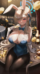 Rule 34 | 1girl, absurdres, alcohol, animal ears, asuna (blue archive), asuna (bunny) (blue archive), bare shoulders, blonde hair, blue archive, blue eyes, blue leotard, bottle, bow, bowtie, breasts, brown pantyhose, bust cup, champagne flute, city lights, cleavage, coin, covered navel, cup, detached collar, drinking glass, eyes visible through hair, fake animal ears, gloves, grin, hair over one eye, hairband, halo, hand up, highres, holding, indoors, large breasts, leotard, long hair, looking at viewer, mole, mole on breast, official alternate costume, pantyhose, playboy bunny, pouring, pouring onto self, rabbit ears, sitting, skindentation, smile, solo, starlip, strapless, strapless leotard, thighband pantyhose, very long hair, white gloves, white hairband