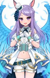 Rule 34 | 1girl, animal ears, ascot, blush, clothing cutout, corset, cowboy shot, feathered wings, feathers, gloves, green ascot, hands on own chest, hat, highres, horse ears, kuronosu (yamada1230), long hair, looking at viewer, mejiro mcqueen (end of sky) (umamusume), mejiro mcqueen (umamusume), midriff, mini hat, mini top hat, navel, open mouth, own hands together, purple eyes, short shorts, shorts, shoulder cutout, smile, solo, top hat, umamusume, white gloves, white shorts, wings