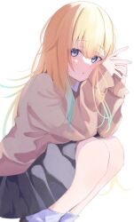 Rule 34 | 1girl, aizawa ema, black skirt, blonde hair, blue eyes, brown jacket, gradient hair, green hair, highres, jacket, long hair, looking at viewer, multicolored hair, simple background, sitting, skirt, sleeves past wrists, solo, squatting, toma (zi15866), virtual youtuber, vspo!, white background