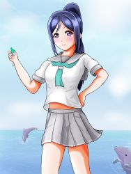 Rule 34 | 1girl, absurdres, artist name, artist request, bare legs, blue hair, blue sky, blush, breasts, buttons, cloud, collarbone, day, dolphin, female focus, green neckerchief, green necktie, grey sailor collar, grey skirt, hair between eyes, hand on own hip, high ponytail, highres, holding, holding whistle, layered skirt, long hair, looking at viewer, love live!, love live! sunshine!!, matsuura kanan, miniskirt, neckerchief, necktie, ocean, outdoors, parted lips, plaid, plaid skirt, pleated, pleated skirt, ponytail, puffy short sleeves, puffy sleeves, purple eyes, sailor collar, school uniform, shirt, short sleeves, skirt, sky, smile, solo, tie clip, uranohoshi school uniform, whistle, white shirt