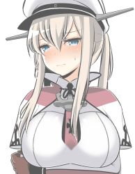 Rule 34 | 10s, 1girl, anchor, bad id, bad nicoseiga id, blonde hair, blue eyes, blush, breasts, brown gloves, capelet, commentary request, cross, gloves, graf zeppelin (kancolle), hair between eyes, hat, jacket, kantai collection, large breasts, long hair, masupa kiriu, necktie, peaked cap, sidelocks, simple background, solo, sweatdrop, tsurime, twintails, uniform, white background