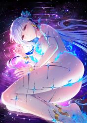 Rule 34 | 1girl, ass, blue fire, breasts, earrings, fate/grand order, fate (series), fire, flower, hair flower, hair ornament, hair ribbon, jewelry, kama (fate), kama (swimsuit avenger) (fate), large breasts, long hair, looking at viewer, lying, nail polish, nude, official art, on floor, pink nails, red eyes, redrop, ribbon, sideboob, silver hair, solo, star (symbol), star earrings, thighs