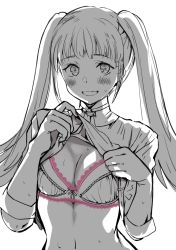 Rule 34 | 1girl, bra, breasts, cleavage, clothes lift, fire emblem, fire emblem: three houses, greyscale, highres, hilda valentine goneril, lifting own clothes, long hair, monochrome, nintendo, open mouth, oroshipon zu, shirt lift, simple background, solo, spot color, twintails, underwear, unfinished, upper body, white background