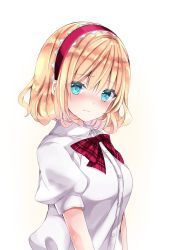 Rule 34 | 1girl, alice margatroid, aqua eyes, blonde hair, blush, bow, bowtie, breasts, closed mouth, collared shirt, colored eyelashes, commentary request, gradient background, hair between eyes, hairband, highres, looking at viewer, medium breasts, mismatched eyelashes, nanase nao, plaid, plaid bow, plaid bowtie, plaid neckwear, puffy short sleeves, puffy sleeves, red bow, red bowtie, red hairband, shirt, short hair, short sleeves, simple background, solo, touhou, upper body, wavy mouth, white background, white shirt