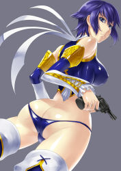 Rule 34 | 1girl, ass, atlus, bare shoulders, blue eyes, blue hair, blush, boots, breasts, butt crack, detached sleeves, gun, handgun, highres, ippo, large breasts, looking at viewer, looking back, matching hair/eyes, persona, persona 4, pistol, revolver, shirogane naoto, short hair, solo, weapon
