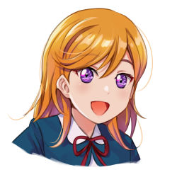 Rule 34 | 1girl, 20s, commentary request, long hair, looking at viewer, love live!, love live! superstar!!, open mouth, orange hair, portrait, purple eyes, red neckwear, shamakho, shibuya kanon, shiny skin, simple background, smile, solo, upper body, white background