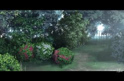 Rule 34 | absurdres, artist name, bush, commentary request, fence, flower, hakuurei amano, highres, letterboxed, no humans, original, outdoors, scenery, signature, tree, watermark