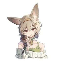 Rule 34 | 1girl, :p, animal ear fluff, arknights, bare shoulders, beanstalk (arknights), beanstalk (gift uncompleted) (arknights), bell, braid, commentary, cropped torso, dress, green dress, hair ornament, hairband, hairclip, head tilt, highres, hyena ears, hyena girl, iasimo, light brown hair, looking at viewer, medium hair, neck bell, off-shoulder sweater, off shoulder, official alternate costume, orange eyes, simple background, solo, sweater, tongue, tongue out, white background, white sweater