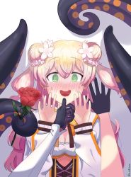 Rule 34 | 2girls, @ @, asymmetrical gloves, black gloves, blonde hair, blush, breasts, cleavage, commentary, elbow gloves, female pov, flower, gloves, gradient hair, hand on another&#039;s chin, highres, holding, holding flower, hololive, hololive english, its still kuno, kabedon, long hair, momosuzu nene, multicolored hair, multiple girls, ninomae ina&#039;nis, open mouth, pink hair, pov, rose, shadow, single elbow glove, sweat, tentacles, tongue, twitter username, uneven gloves, virtual youtuber, yuri